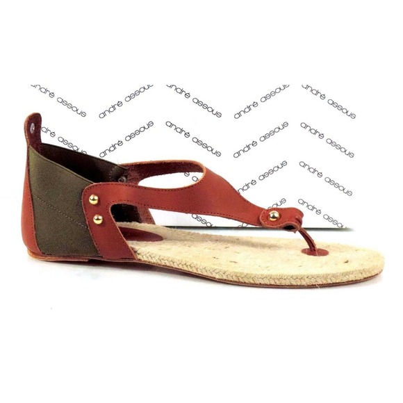 Andre Assous Tresor T- Strap Flat Thong Sandals Leather Green / Cognac Size 10 - Picture 3 of 9